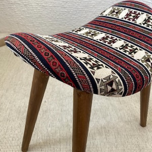 Handmade Upholstered Saddle Stool – Kilim Fabric Seat & Solid Beech Wood Legs with Walnut Finish – Ethnic Modern Accent