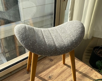 Milo Handmade Upholstered Wooden Stool, Beech Wood Legs, Modern Grey Accent Stool