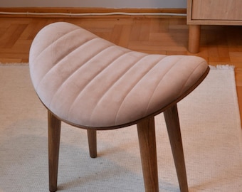 Sand Upholstered Stool: Curved Seat, Beech Wood Legs