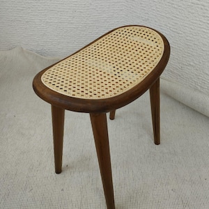 Handcrafted Walnut-Stained Cane Stool – Beech Wood Frame | Minimalist Curved Accent Seating