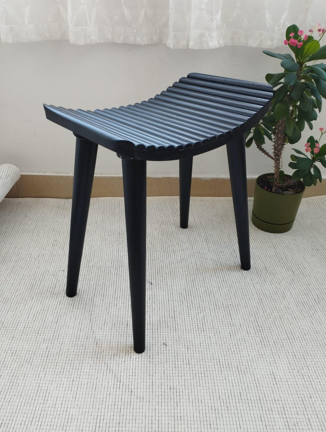 Sakura Wooden Stool Minimalist Handcrafted Design in Matte Black