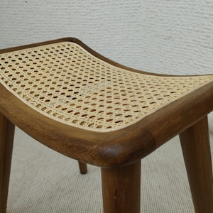 Handwoven Cane Stool with Walnut Finish – Solid Beech Wood Frame | Compact Curved Seat Design