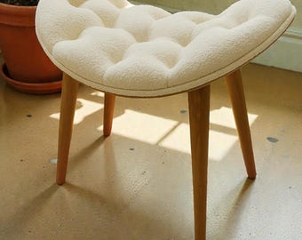 Bouclé Upholstered Stool, Beech Wood Legs, Modern Accent Seat