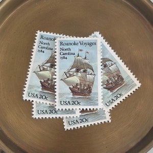 Roanoke Voyages North Carolina Vintage Stamp // Blue // 20 cents // 1984 // Set of 5