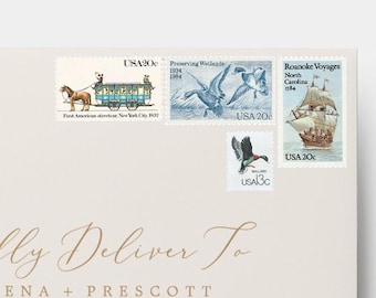 Blue & Neutral // Cool Tones // Curated Vintage Postage Set of 5 // 73 cents Each