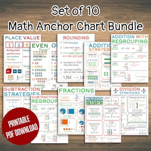 May include: A set of 10 educational math anchor charts featuring colorful text and diagrams for place value, rounding, addition, subtraction, fractions, multiplication, and division strategies. The charts include step-by-step math problems.