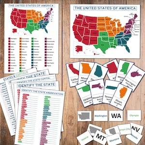 "Farbunterlegte US-Karte und Lernpaket, ""Geographie"" Karteikarten & Arbeitsblätter zum Ausdrucken."