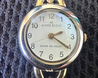 Vintage Anne Klein Ladies Wrist Watch, Silver & Gold Tone Bracelet Style, Bangle Style, Quartz, Water Resistant