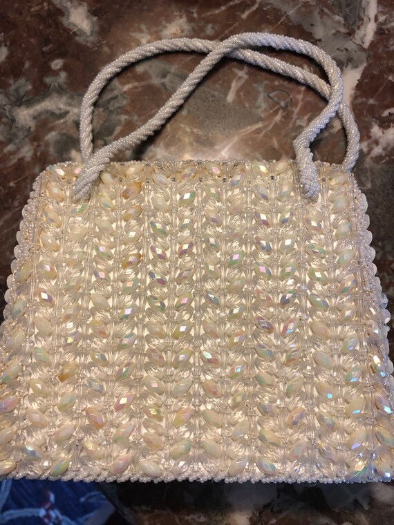 Vintage Ivory Beaded and Sequined Small Purse, Cl… - image 6