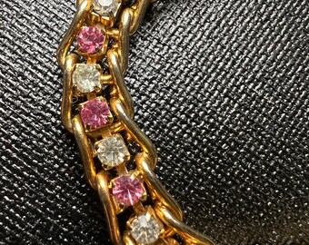 Vintage Gold Tone, Pink and White Rhinestone Bracelet