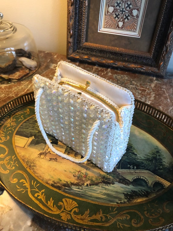 Vintage Ivory Beaded and Sequined Small Purse, Cl… - image 5
