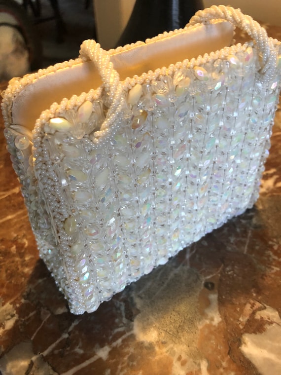 Vintage Ivory Beaded and Sequined Small Purse, Cl… - image 1