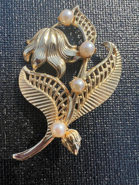 Vintage Gold Tone, Lily of the Valley Brooch with… - image 6