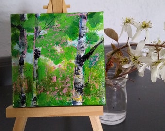 Original small acrylic birch painting, small original, small artistan gift, tiny desk art, tiny original painting, small birch painting