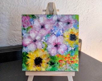 Original small floral painting, tiny original, small artisan gift, tiny desk art, tiny original painting, gifts for her, tiny acrylic floral