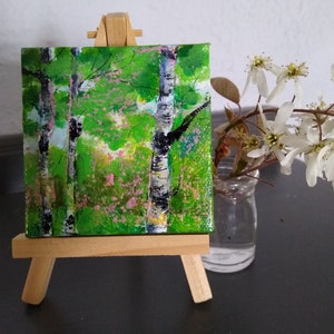 Original small acrylic birch painting, small original, small artistan gift, tiny desk art, tiny original painting, small birch painting image 1