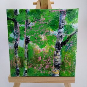 Original small acrylic birch painting, small original, small artistan gift, tiny desk art, tiny original painting, small birch painting image 3