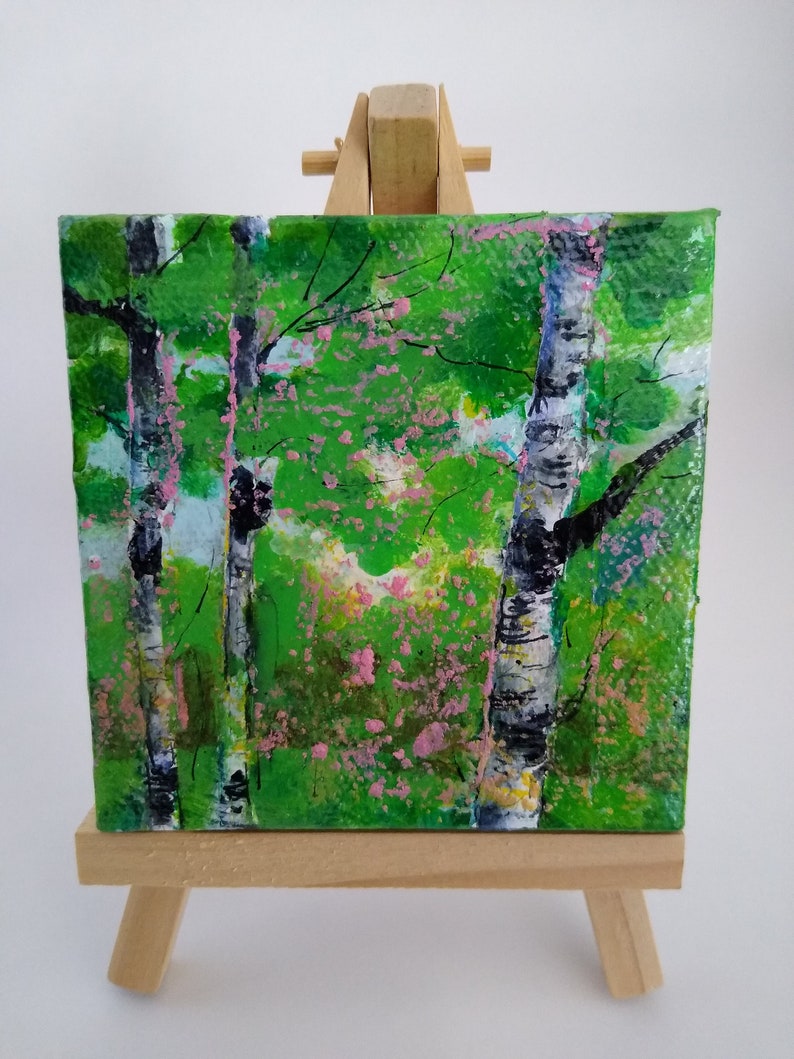 Original small acrylic birch painting, small original, small artistan gift, tiny desk art, tiny original painting, small birch painting image 3