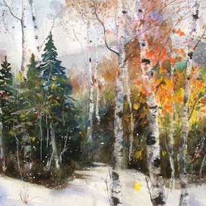 Besneeuwde berkenbos aquarel wenskaart, berken wenskaarten, winter aquarel bomen, winter wenskaart