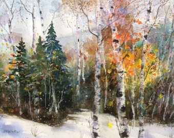 Snowy Birch Forest Watercolor Greeting and note Card, birch Greeting cards, winter watercolor trees, winter greeting card