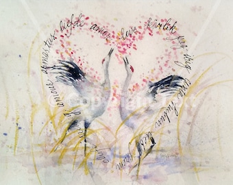 Whooping Cranes, Valentine's card, Wedding card, Love card, watercolor cranes, diane splinter, cranes, crane card, crane dance card, bird