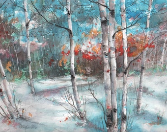 Winter Birch card, Winter Birch greeting card, Watercolor Birches, Birch Greeting card, Birch greeting and notecard