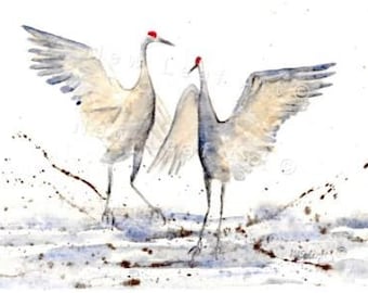 Crane Card, Crane Dance,  Sandhill Cranes, Crane Greeting Card, Bird Lover Card, Wedding Card, Watercolor Crane card, Crane watercolor card