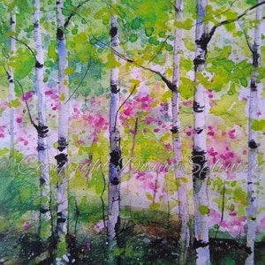 Spring Birch Trees Greeting and Note Card, spring trees card, redbud card , Birch and redbud trees card,  Birch trees, Spring birches card