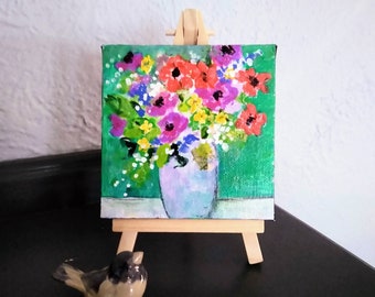 Original small floral painting, tiny original, small artisan gift, tiny desk art, tiny original painting, gifts for her, tiny acrylic floral