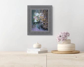 Original Flower painting, 9 x 12 Original Mixed Media artwork, pink flower painting, gold leaf painting,  small abstract multimedia painting