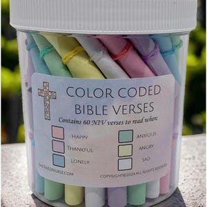 Bible Verses Color-Coded Affirmation Jar - 60 Scrolls in Pastel Colors, NIV Bible Verses for Every Occasion, Spirituality, Hope, Faith