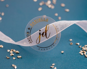 Wedding Favor Stickers - Gold Foil Transparent Round Personalized Sticker