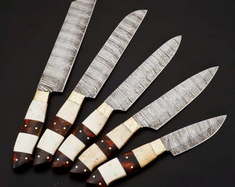 Handgeschmiedetes Damast Kochmesser-Set, Einzigartiges Griffdesign, 5-teilig