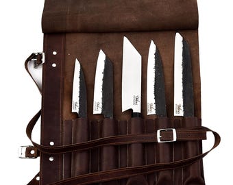 The Japaner - Handgefertigtes 5-teiliges Kochmesser-Set aus Karbonstahl & Lederrolle