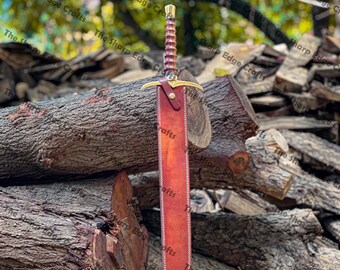 Handgeschmiedetes Schwert aus Damast-Stahl, Griff aus Rosenholz, Lederscheide