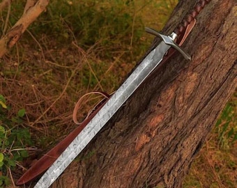 Handgeschmiedetes Schwert aus Damast-Stahl, Griff aus Rosenholz, Lederscheide
