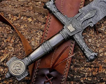 Handgefertigtes Damast Wikingerschwert, Lederscheide, personalisiertes Geschenk