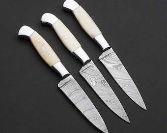 Handgefertigte Steakmesser aus Damast-Stahl, Griff aus Kamelknochen, 3-teiliges Set