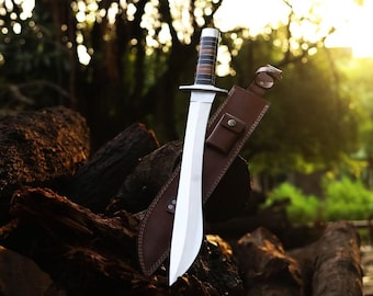 Handgefertigtes Jagdschwert aus J2 Stahl, Palisander & Horn Griff, Lederscheide