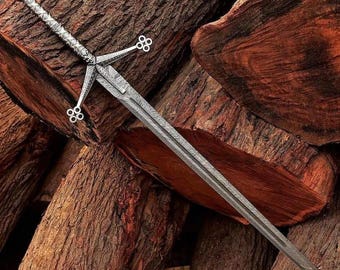 Handgjort Damaskus stålsvärd i lersvärd, vikingavalhalla, läderslida