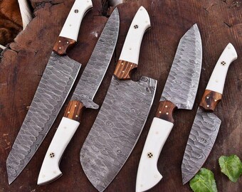 Handgeschmiedetes Damast Kochmesser Set, 5-teilige Küchenmesser, Grillmesser