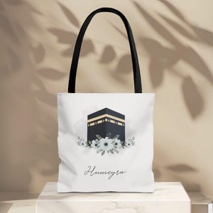 Personalized Islamic Tote Bag with Kaaba, Mekkah, Madinah | Custom Hajj Umrah, Eid Gift for Women | Bag with flowers |Deen Hijabi  accessory