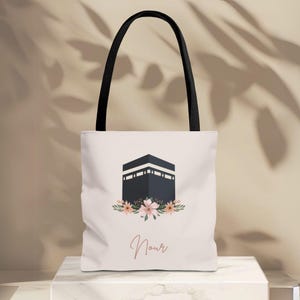 Personalized Islamic Tote Bag with Kaaba, Mekkah, Madinah | Custom Hajj Umrah, Eid Gift for Women | Bag with flowers |Deen Hijabi  accessory