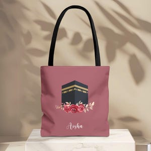 Custom Islamic Tote Bag with Kaaba, Mekkah, Madinah | Personalized Hajj, Umrah, Eid Gift for Women | Personalized shopping bag with flowers
