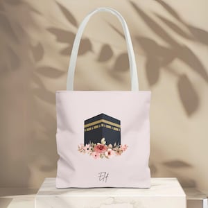 Custom Islamic Tote Bag with Kaaba, Mekkah, Madinah | Personalized Hajj, Umrah, Eid Gift for Women | Personalized shopping bag with flowers