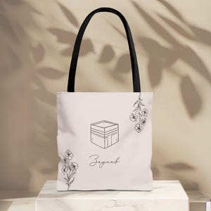 Personalized Islamic Tote Bag with Kaaba, Mekkah, Madinah | Custom Hajj Umrah, Eid Gift for Women | Bag with flowers |Deen Hijabi  accessory