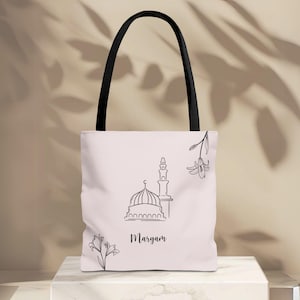 Personalized Islamic Tote Bag with Kaaba, Mekkah, Madinah | Custom Hajj Umrah, Eid Gift for Women | Bag with flowers |Deen Hijabi  accessory