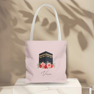 Custom Islamic Tote Bag with Kaaba, Mekkah, Madinah | Personalized Hajj, Umrah, Eid Gift for Women | Personalized shopping bag with flowers