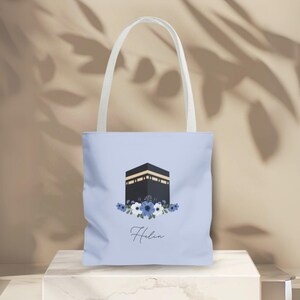 Custom Islamic Tote Bag with Kaaba, Mekkah, Madinah | Personalized Hajj, Umrah, Eid Gift for Women | Personalized shopping bag with flowers