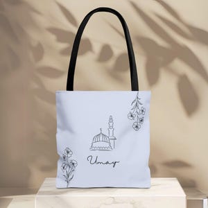 Personalized Islamic Tote Bag with Kaaba, Mekkah, Madinah | Custom Hajj Umrah, Eid Gift for Women | Bag with flowers |Deen Hijabi  accessory